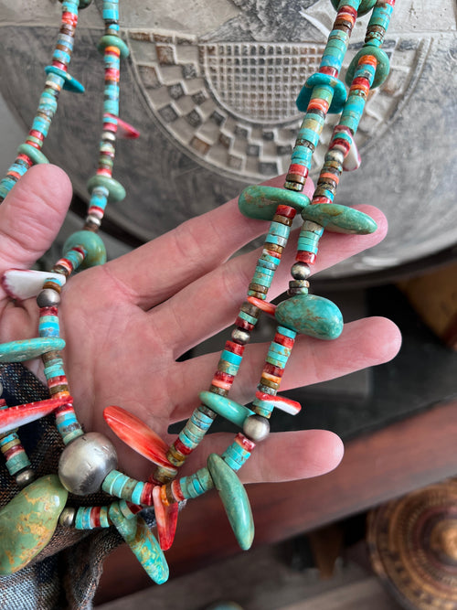 Stunning Handcrafted Double Strand Sterling Silver, Turquoise and Spiny Oyster Beaded Tab Necklace by Daniel Coriz