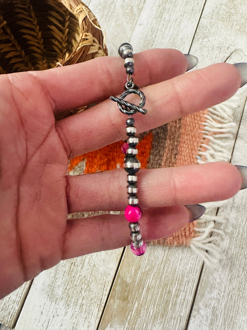 Navajo Pink Mojave and Sterling Silver Pearl Beaded Bracelet