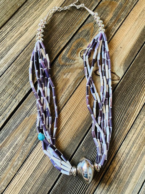 Navajo Sterling Silver, Purple Spiny & Turquoise Beaded Necklace