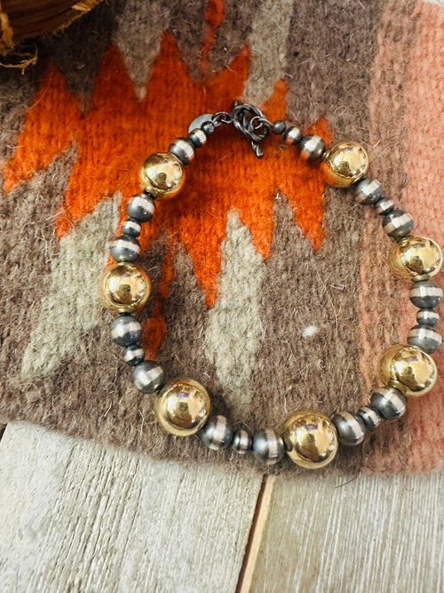 Navajo Gold Filled Sterling & Sterling Silver Pearl Beaded Bracelet