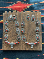 Handcrafted Sterling Silver and Mediterranean Coral Steer Head Concho Necklace & Earrings by Kevin Billah