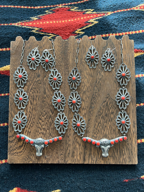 Handcrafted Sterling Silver and Mediterranean Coral Steer Head Concho Necklace & Earrings by Kevin Billah