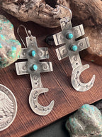 Hand Stamped Sterling Silver Dragonfly Cross Crescent Moon Dangle Earrings with Kingman Turquoise by Kimari Somers, Squared Bars