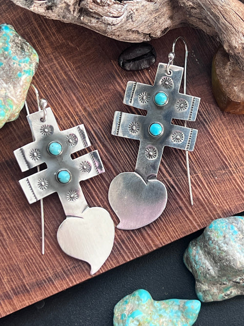 Hand Stamped Sterling Silver Dragonfly Cross Heart Dangle Earrings with Kingman Turquoise by Kimari Somers, Squared Bars