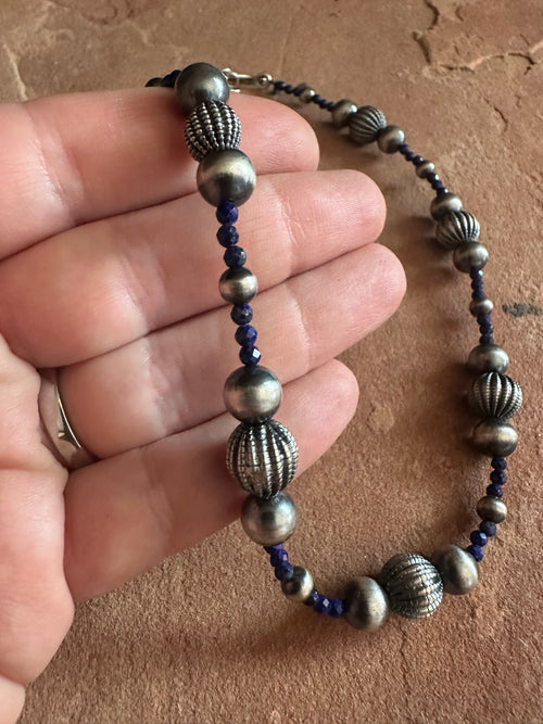 Handmade Sterling Silver & Lapis Beaded Necklace