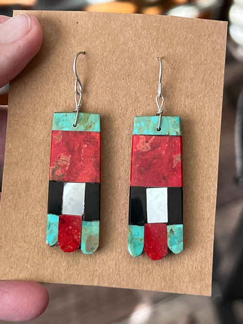 Handcrafted Inlay Turquoise and Apple Coral Thunderbird Tab Necklace & Earrings Set by Warren Nieto