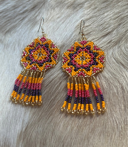 Handmade MultiColor Beaded Dangle Earrings (Gold, Yellow, & Pink