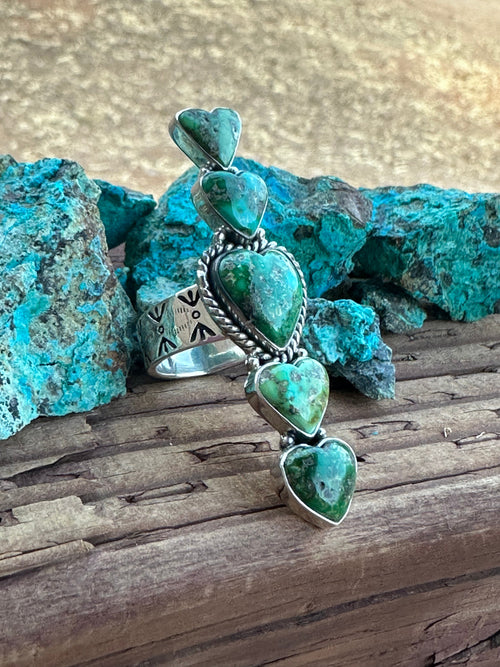 Beautiful Handmade Heart 5 Stone Sonoran Turquoise And Sterling Silver Adjustable Ring