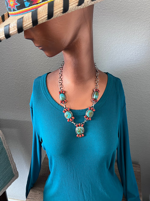 Taos Collection: Handcrafted Sterling Silver, Kingman Turquoise and Mediterranean Coral Necklace & Earrings Set by Kathleen Chavez