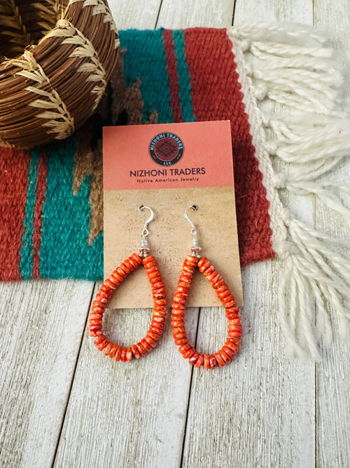 Handcrafted Orange Spiny & Sterling Silver Beaded Dangle Hoop Earrings