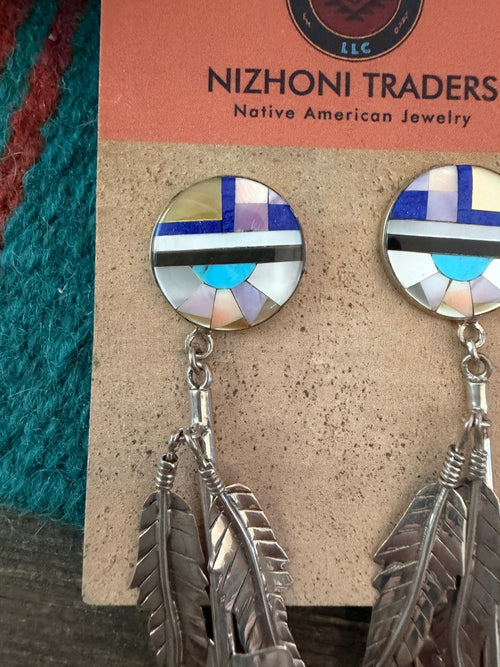 Old Pawn Handcrafted Sterling Silver & Multi Stone Inlay Feather Dangle Earrings