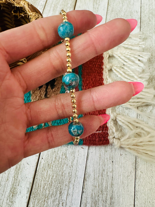 Navajo Gold Plated Sterling Silver Pearl & Turquoise Beaded Bracelet
