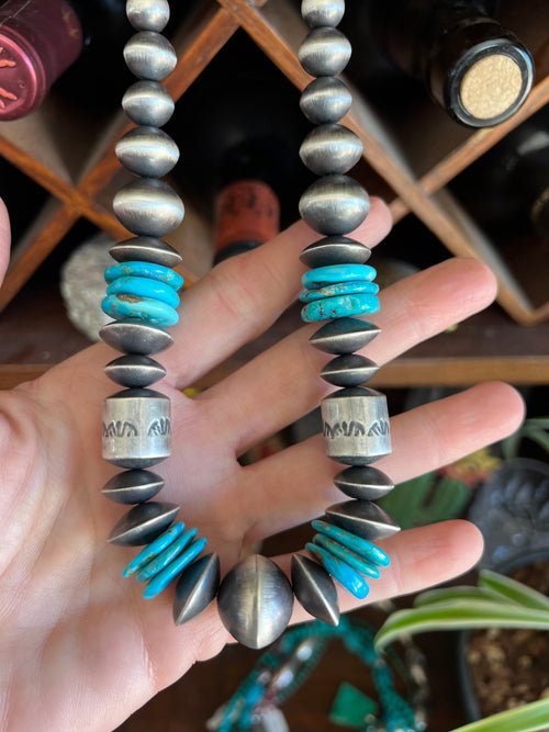 Navajo Sterling Silver and Kingman Turquoise Handmade Beaded Necklace by Rose Martin, 18 Inches