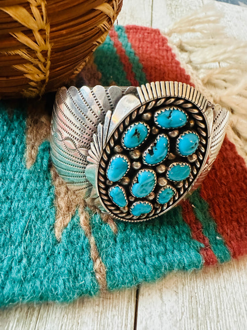 Old Pawn Navajo Sterling Silver & Turquoise Cluster Cuff Bracelet