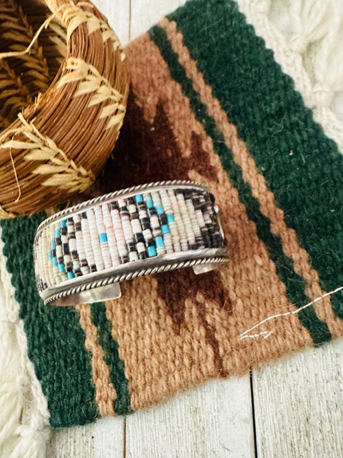 Old Pawn Navajo Sterling Silver & Multi Stone Beaded Cuff Bracelet