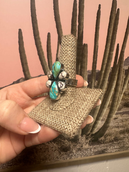 Beautiful Handmade Sonoran Mountain Turquoise, Wild Horse And Sterling Silver Adjustable Ring