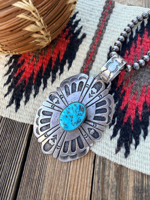 Old Pawn Handcrafted Turquoise and Sterling Silver Pendant by Tommy Singer