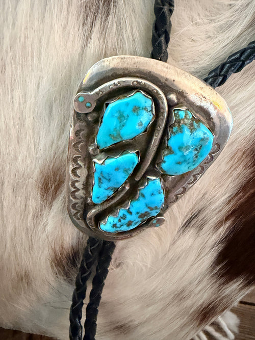 Handcrafted Vintage Old Pawn Sterling Silver & Turquoise Concho Bolo Tie by Effie Calavaza