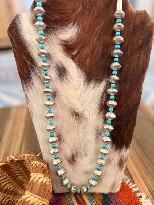 Handcrafted Turquoise & Sterling Silver Liberty Dime Beaded Necklace by James McCabe