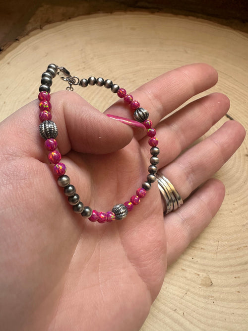 Handmade Dark Pink Fire Opal & Sterling Silver Beaded Bracelet