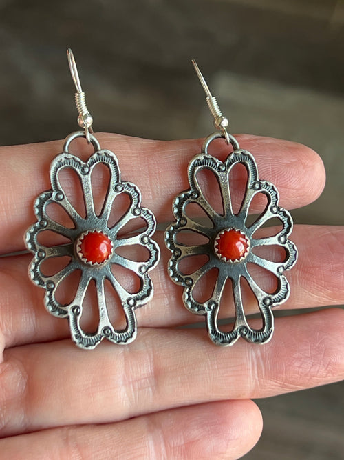 Handcrafted Sterling Silver and Mediterranean Coral Steer Head Concho Necklace & Earrings by Kevin Billah