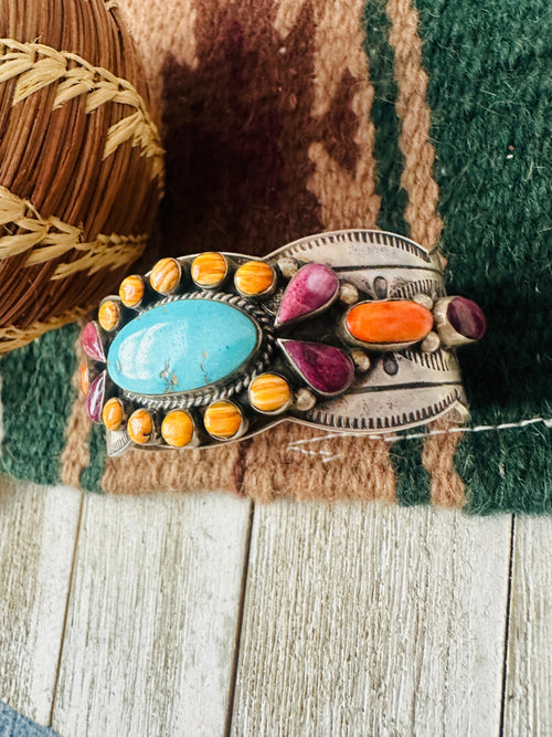 Old Pawn Navajo Turquoise, Spiny & Sterling Silver Cuff Bracelet