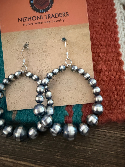 Handcrafted Sterling Silver Pearl Beaded Dangle Hoop Earrings