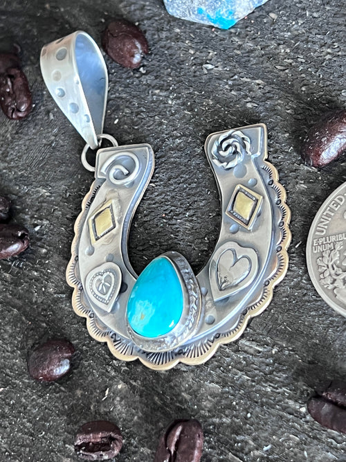 Kimari Somers Hand Stamped Sterling Silver Heart Motif Horseshoe Pendant with Brass & Royston Turquoise