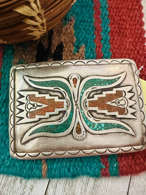 Handcrafted Vintage Old Pawn Turquoise, Coral & Sterling Silver Belt Buckle