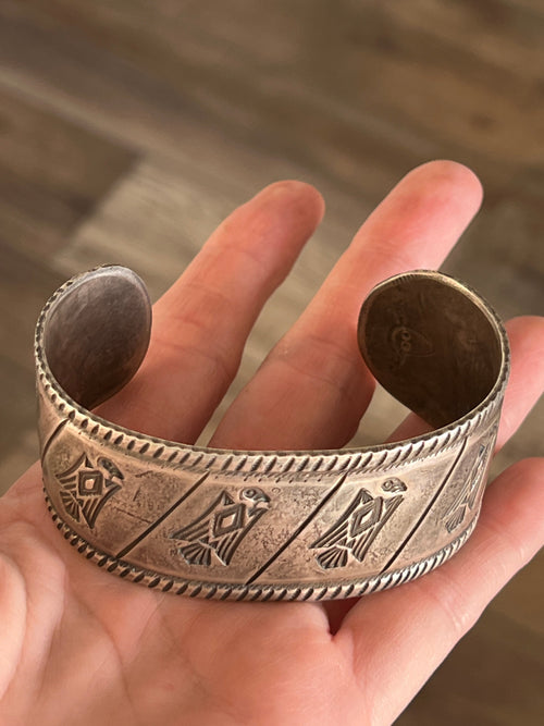 Hand Forged Old Pawn Sterling Silver Ingot Cuff Bracelet by Santa Fe Artist, Buffalo: The Birds