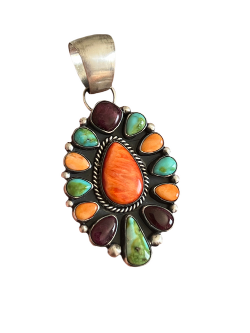 Navajo Electric Rainbow Spiny Oyster and Turquoise Cluster Pendant by Angela Martin