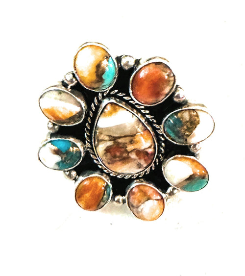 LNavajo Sterling Silver & Multi Stone Spice Cluster Adjustable Ring