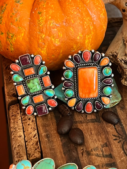 Electric Rainbow Handcrafted Turquoise and Spiny Oyster Cluster Ring by Bernyse Chavez, Adjustable