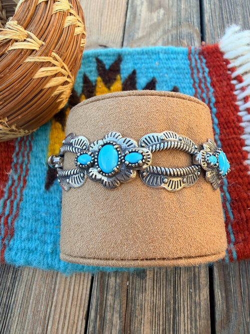 Handcrafted Old Pawn Sterling Silver & Turquoise Link Bracelet
