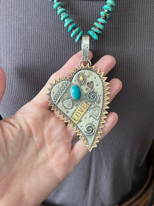 Kimari Somers Hand Stamped Sterling Silver, Brass & Turquoise Queen of Hearts Pendant