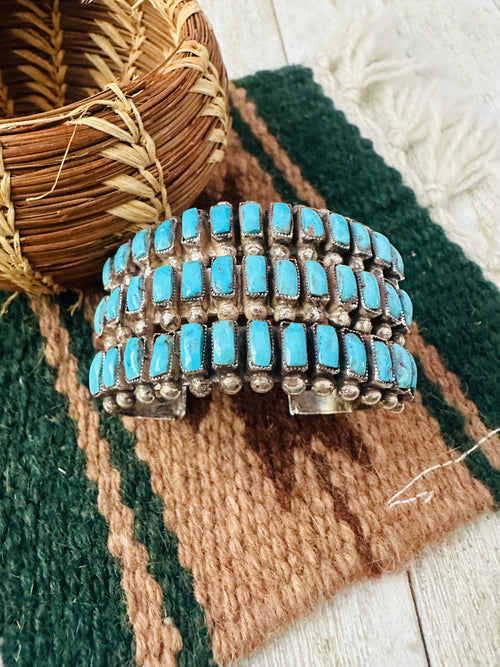 Old Pawn Navajo Turquoise & Sterling Silver Cluster Cuff Bracelet