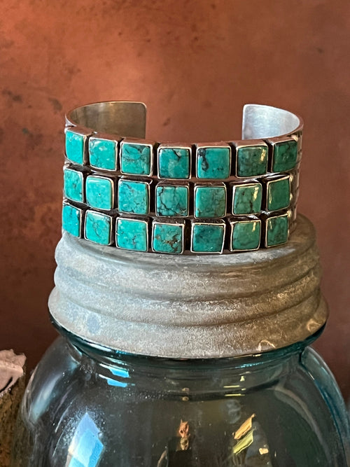 Vintage Sterling Silver and Turquoise Triple Row Square Stone Cuff