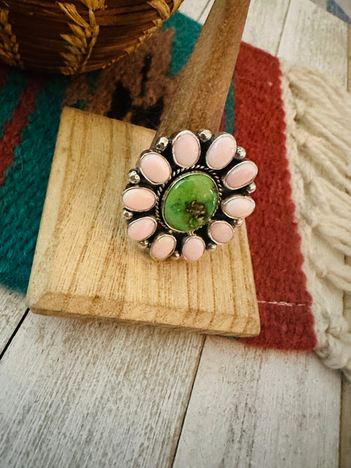 Navajo Sterling Silver, Queen Pink Conch & Turquoise Cluster Adjustable Ring