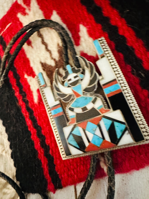 Vintage Old Pawn Zuni Multi Stone & Sterling Silver Inlay Knifewing Bolo Tie