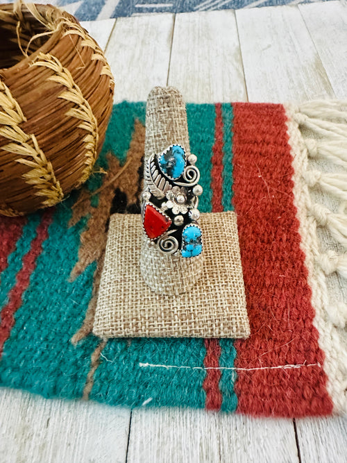 Old Pawn Navajo Sterling Silver, Turquoise & Coral Ring