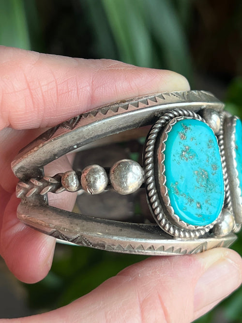 Old Pawn Navajo Sterling Silver and Natural Sleeping Beauty Turquoise Cuff Bracelet, Signed D