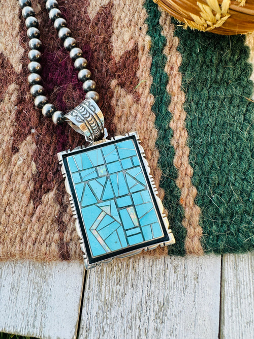Old Pawn Handcrafted Turquoise, Opal and Sterling Silver Inlay Pendant