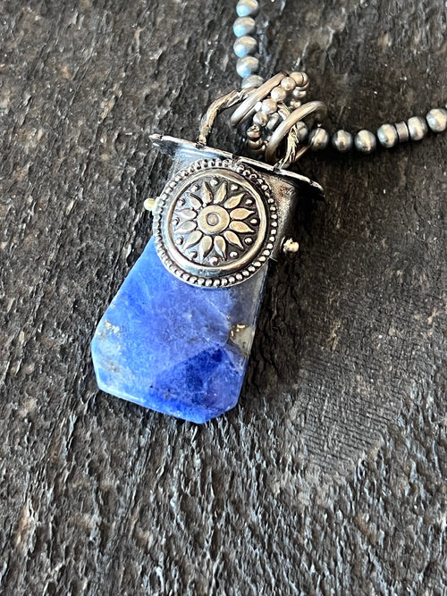 Sterling Silver Gem Collector 30” + 2” Beaded Necklace w/ Sodalite & Sunburst Pendant 2