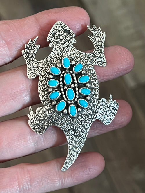 Handcrafted Sterling Silver and Stone Horned Toad Pin and Pendant by Lee Charley, Turquoise or Onyx