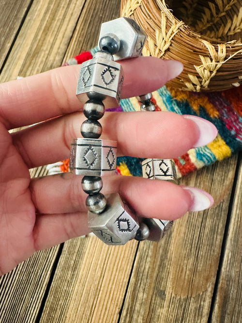 Handcrafted Hand Stamped Sterling Silver Pearl Beaded Stretch Bracelet