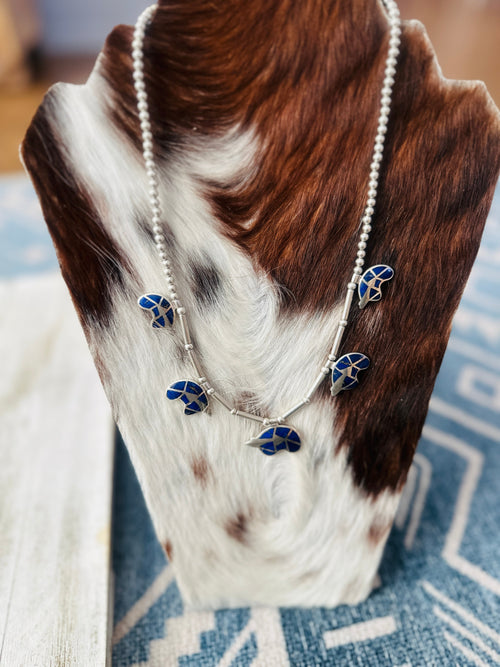 Vintage Old Pawn Navajo Sterling Silver & Lapis Fetish Bear Inlay Necklace