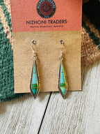 Navajo Sonoran Mountain Turquoise And Sterling Silver Inlay Dangle Earrings