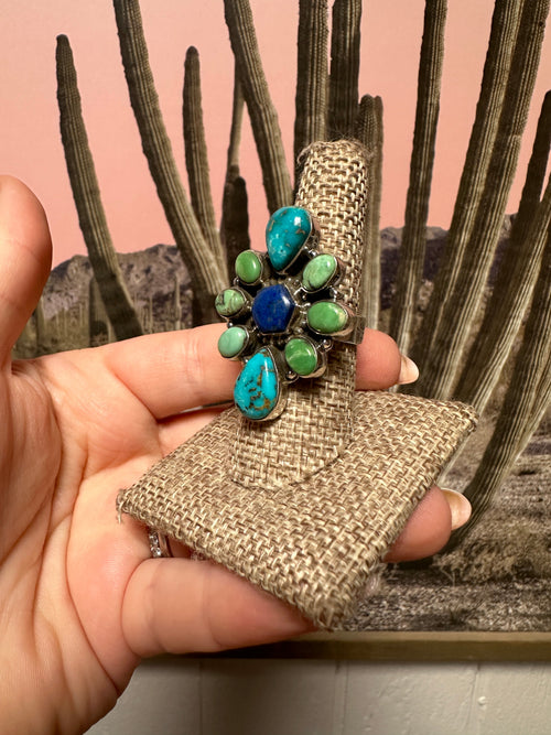 Beautiful Handmade Sonoran Mountain Turquoise, Palomino Turquoise, Lapis And Sterling Silver Adjustable Ring