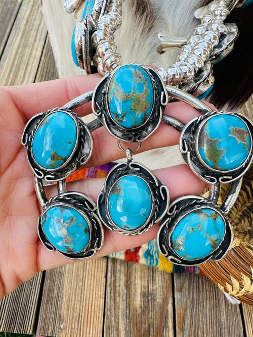 Old Pawn Handcrafted Morenci Turquoise & Sterling Silver Beaded Squash Blossom Necklace by Gilbert Nez