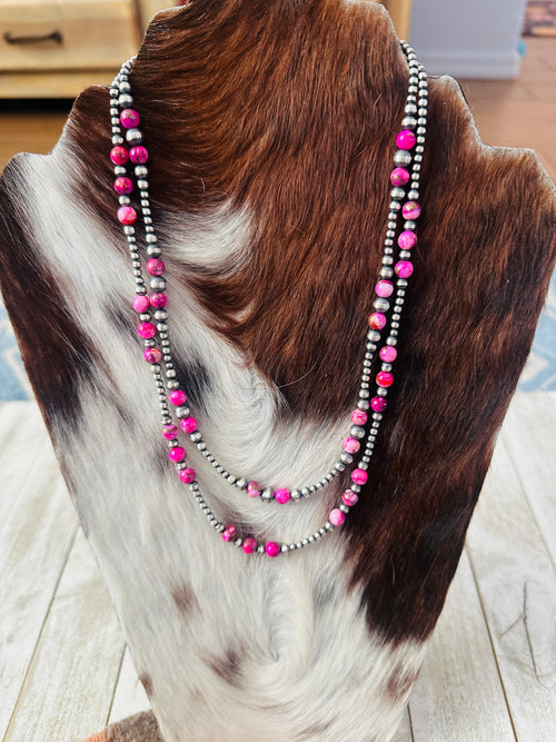 Navajo Sterling Silver & Pink Mojave Beaded Necklace